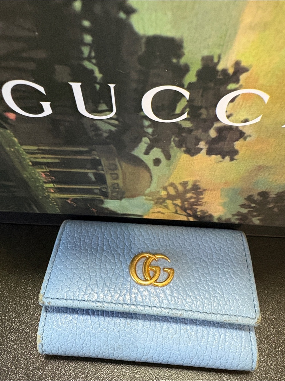 Gucci💙SkyBlue Pebbled Leather Key-holder Wallet W/Double G Gold -GUC - Picture 7 of 12